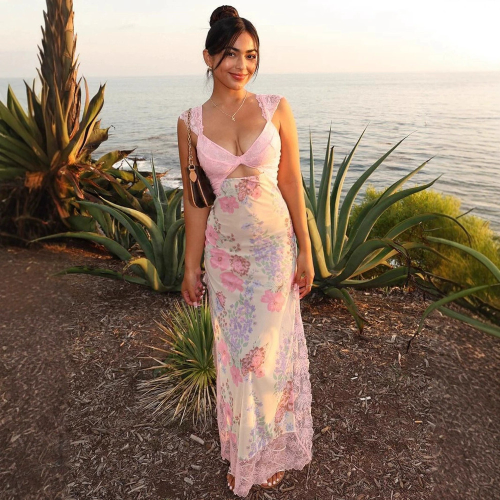 Zara Lace Print Slim Maxi Slip Dress Summer Vacation Cutout Slit